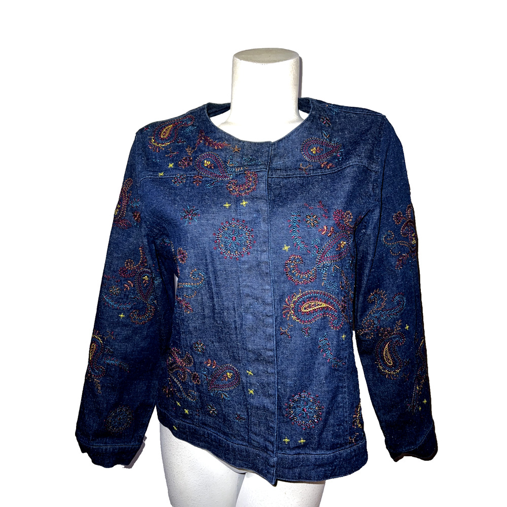 ACORN Women's Size L Paisley Colorful Embroidered Artsy Art to Wear Denim Jacket
